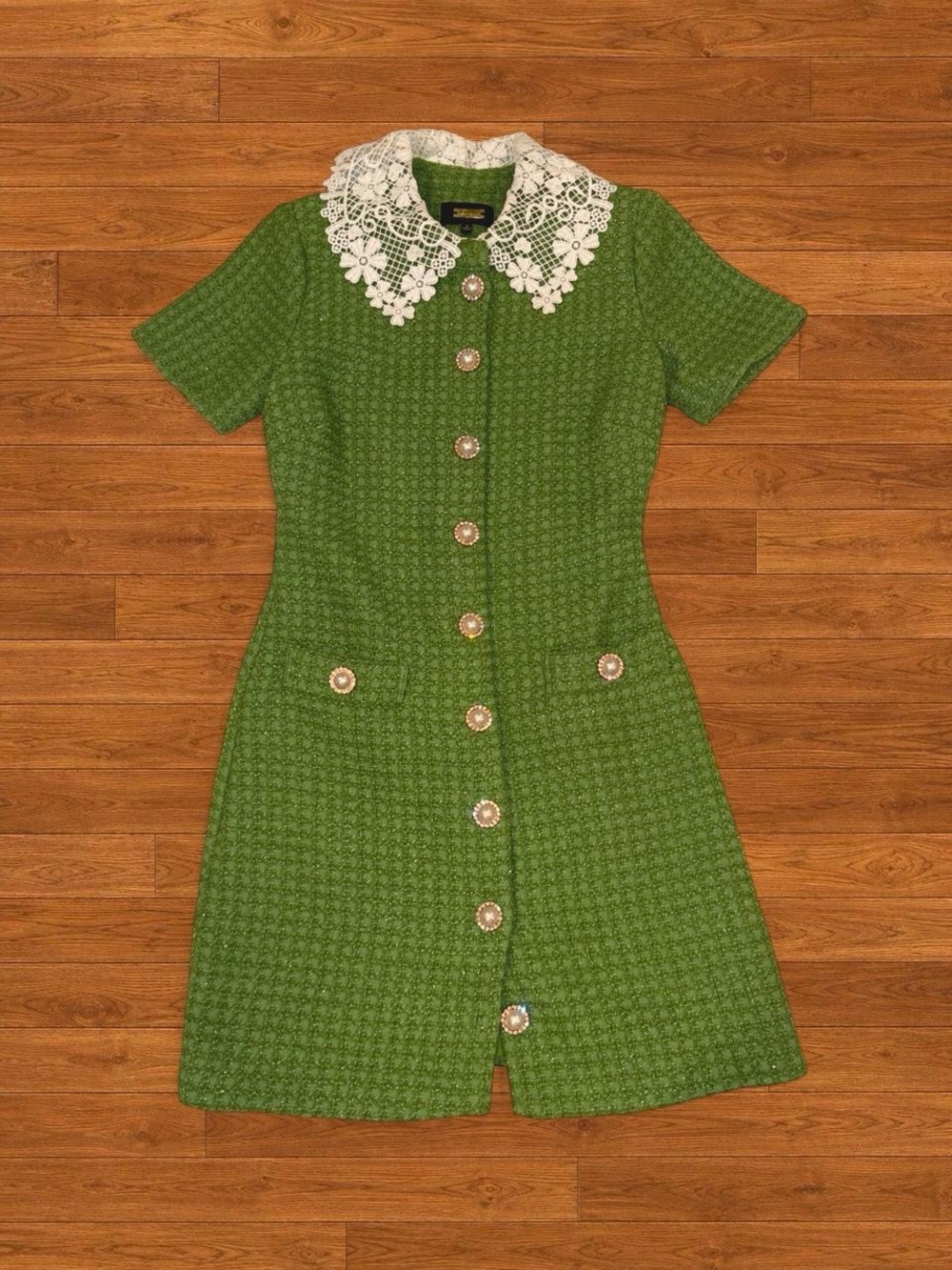 Alexia Admor Green Tweed Dress with White Lace Trim